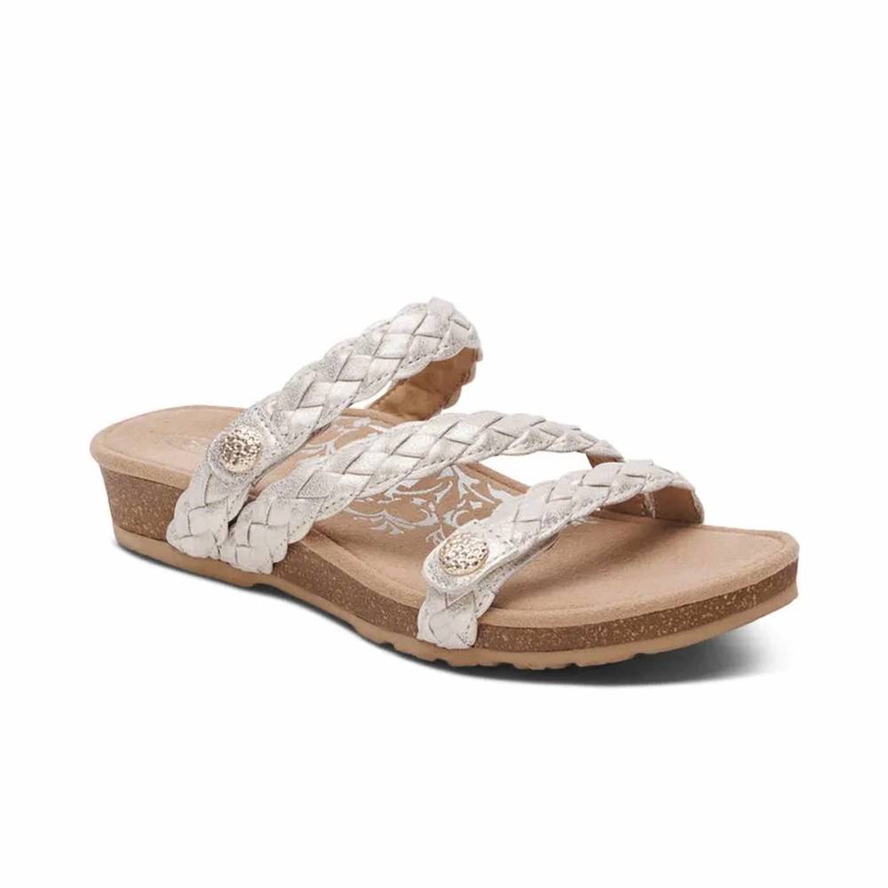 Aetrex Women's Braided Double Strap Sandal in Metallic Pearl size 8.5